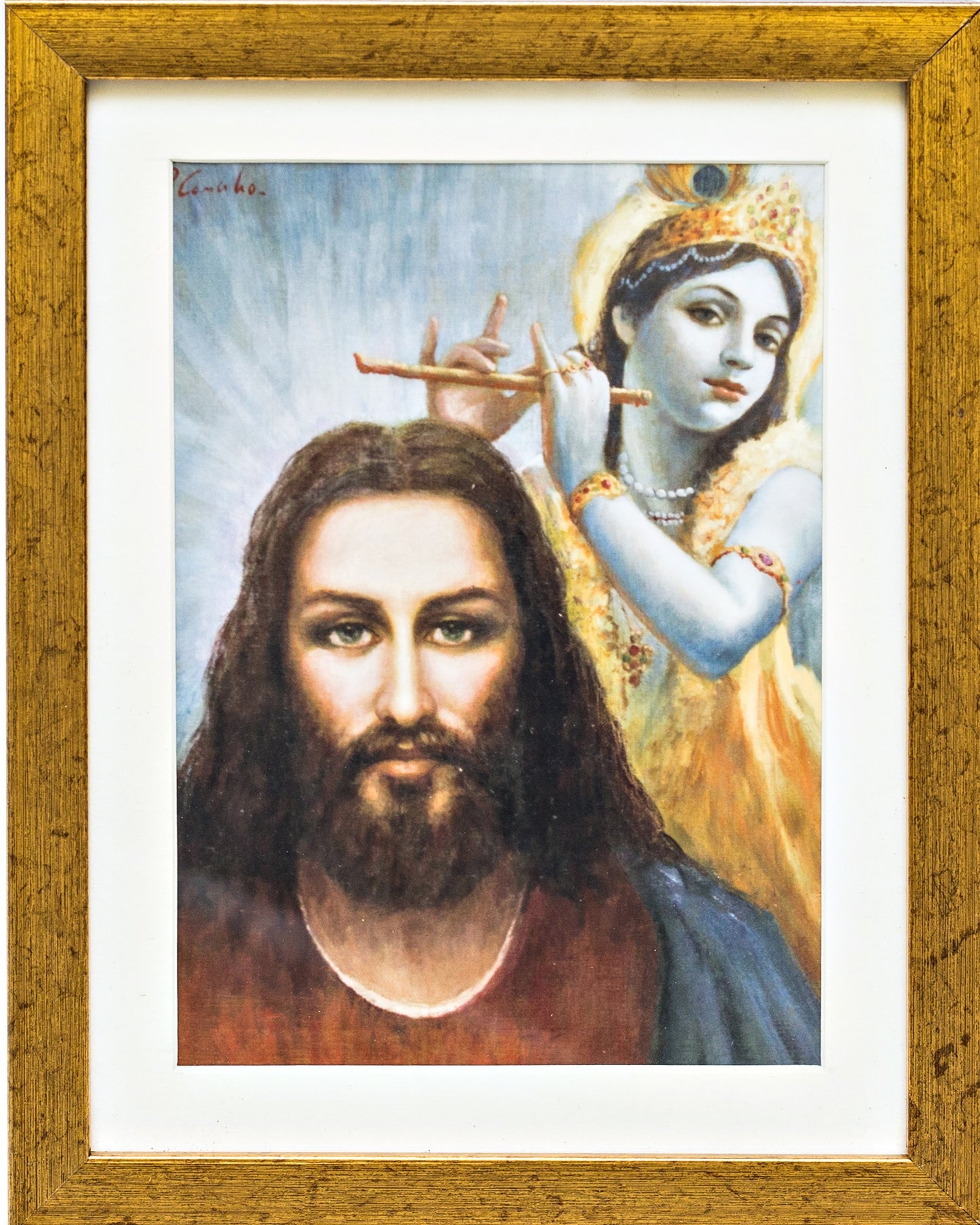 Jesus Christ & Shri Krishna Brown Framed Color Photo